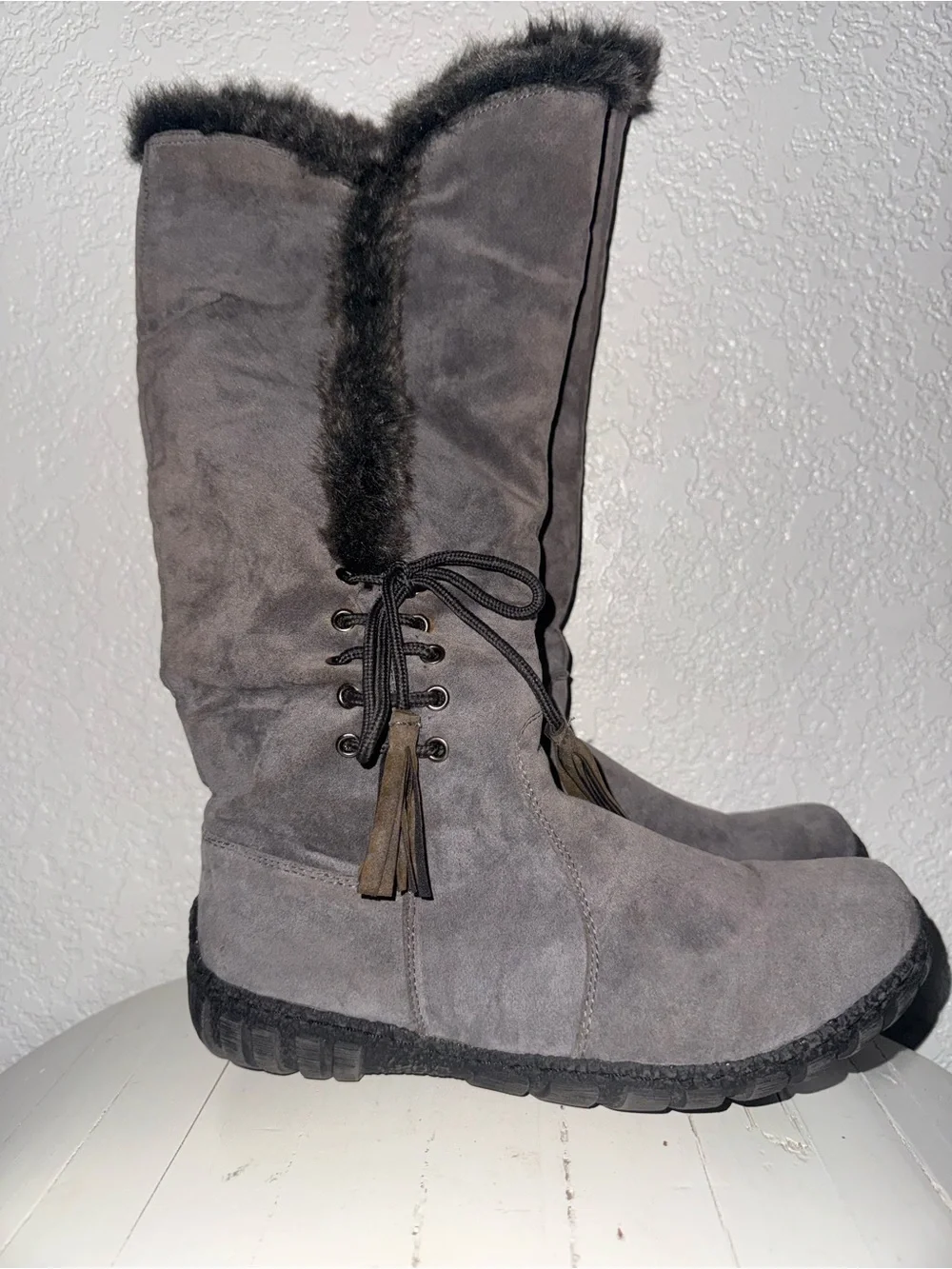 Cozy Tall Faux Suede Gray Winter Boots with Fur Trim